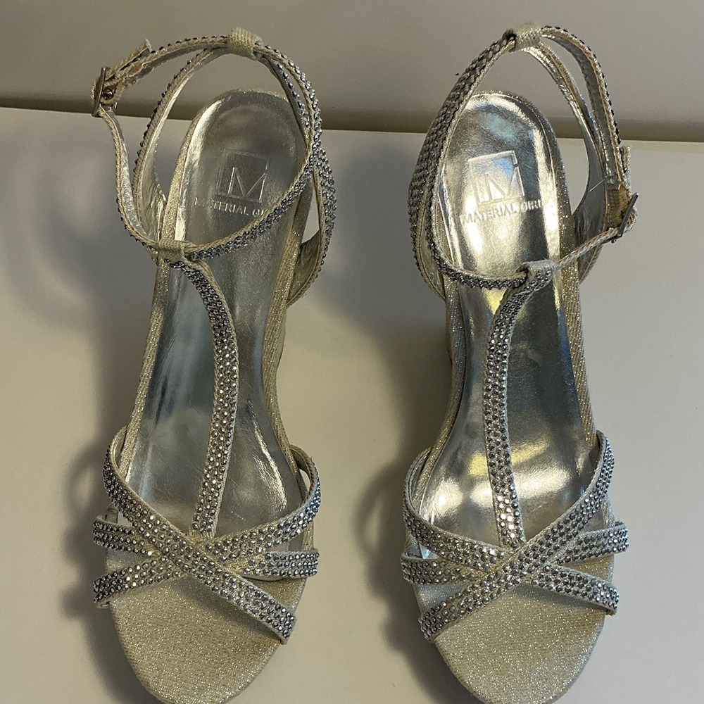 Silver Rhinestone Platform T-Strap Evening Sandals - Picture 2 of 11